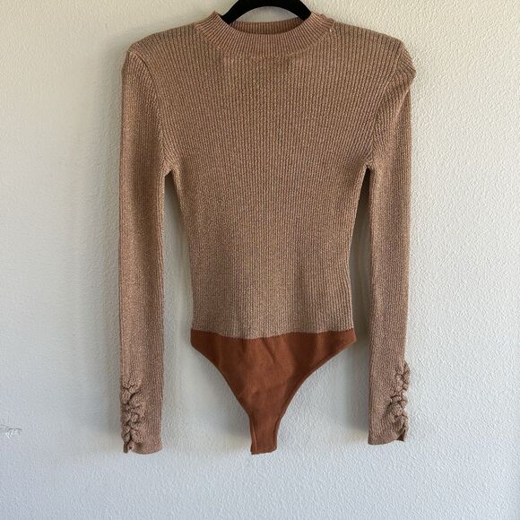 Intimately Free People Orange Metallic Bodysuit Women’s Medium Long Sleeve - Picture 1 of 9